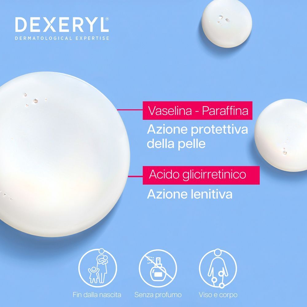 Grandi gocce di lozione bianca con testo su vaselina e acido glicirretinico. Dexeryl.
