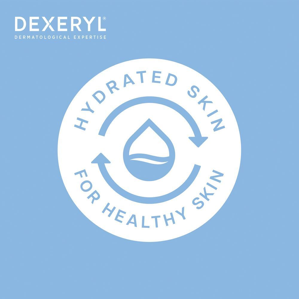 Un cerchio con una goccia d'acqua e frecce. Testo: Hydrated Skin For Healthy Skin.