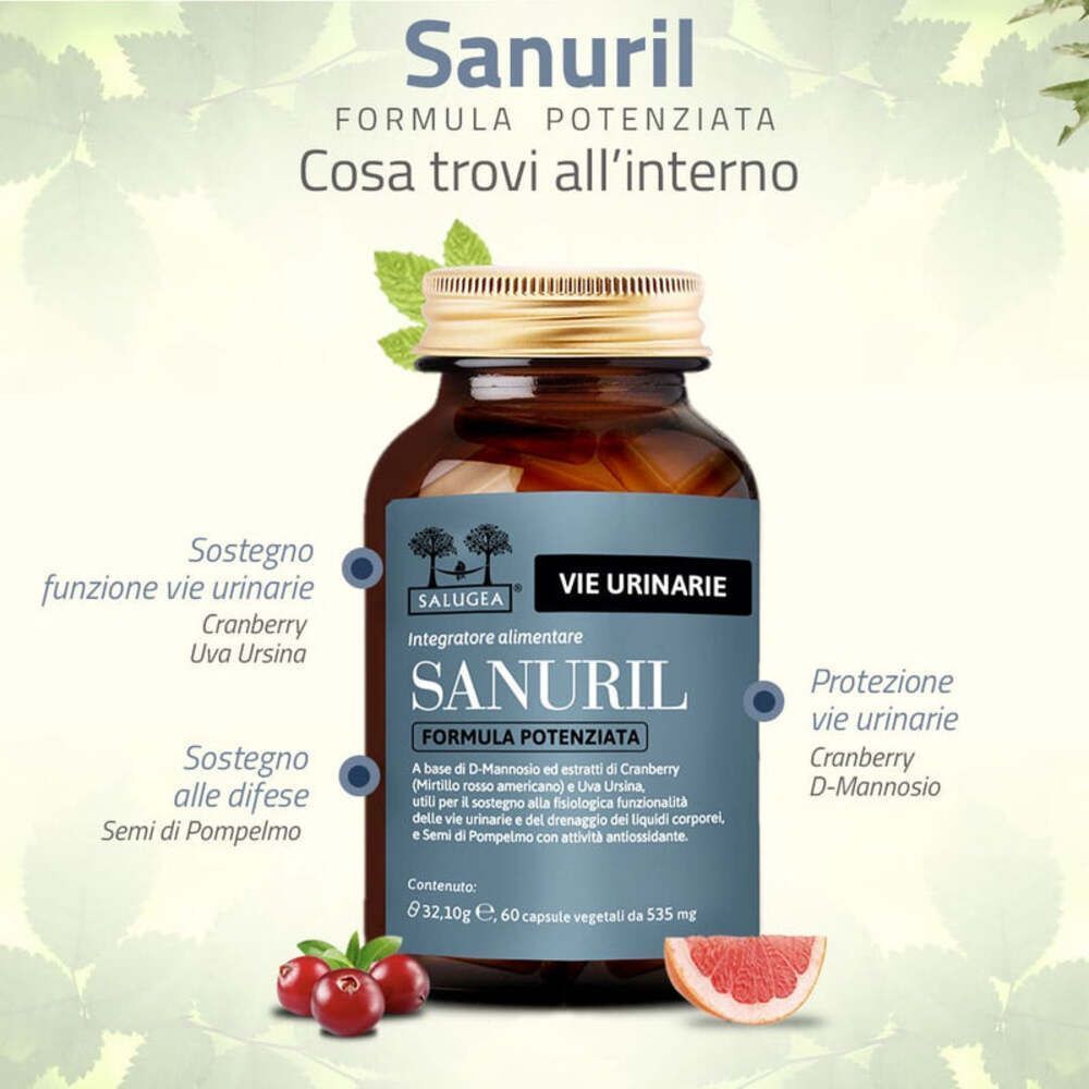 Flacone Sanuril Formula Potenziata con mirtilli rossi e pompelmo. Supporta vie urinarie e difese.