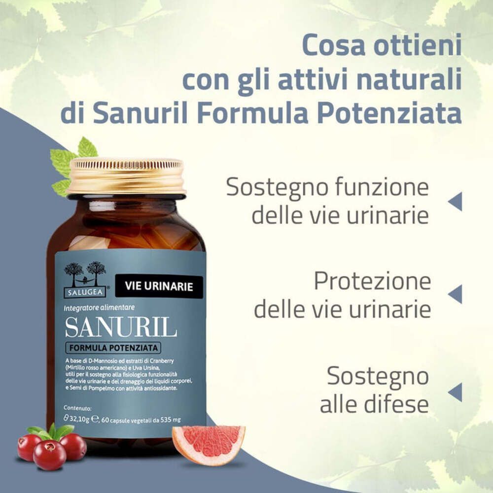 Un flacone in vetro marrone Sanuril con etichetta, mirtilli rossi e pompelmo accanto. Testo sugli ingredienti naturali.