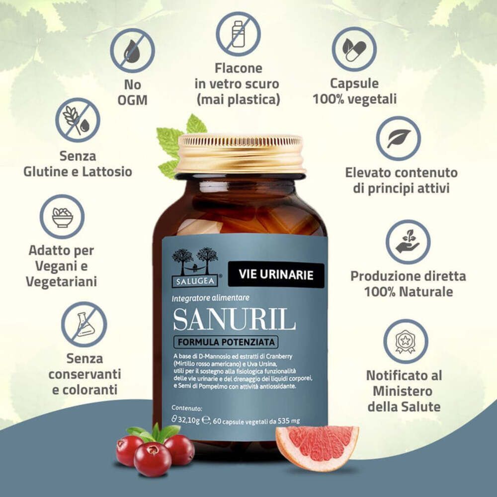 Un flacone in vetro marrone Sanuril con etichetta, circondato da icone che evidenziano vantaggi come 'Senza OGM' e 'Capsule vegetali'.