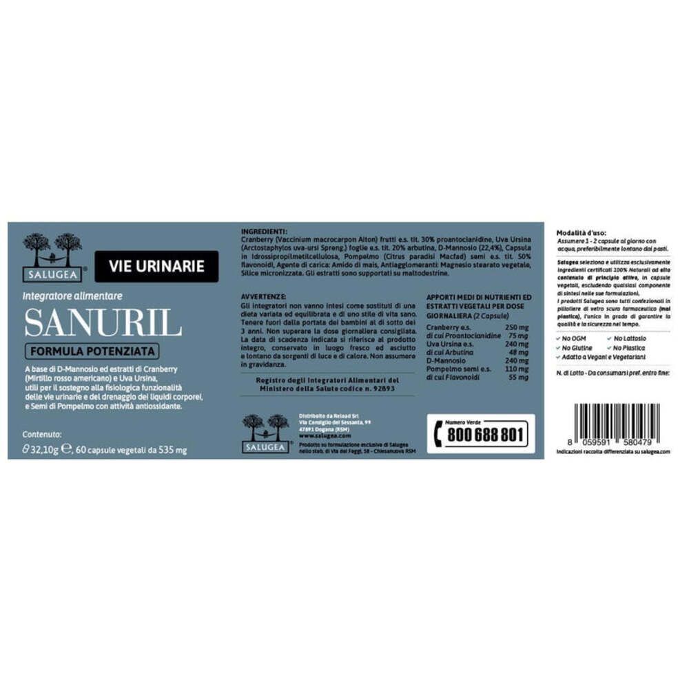 Retro di un flacone Sanuril con etichetta che mostra ingredienti, informazioni nutrizionali e codice a barre.