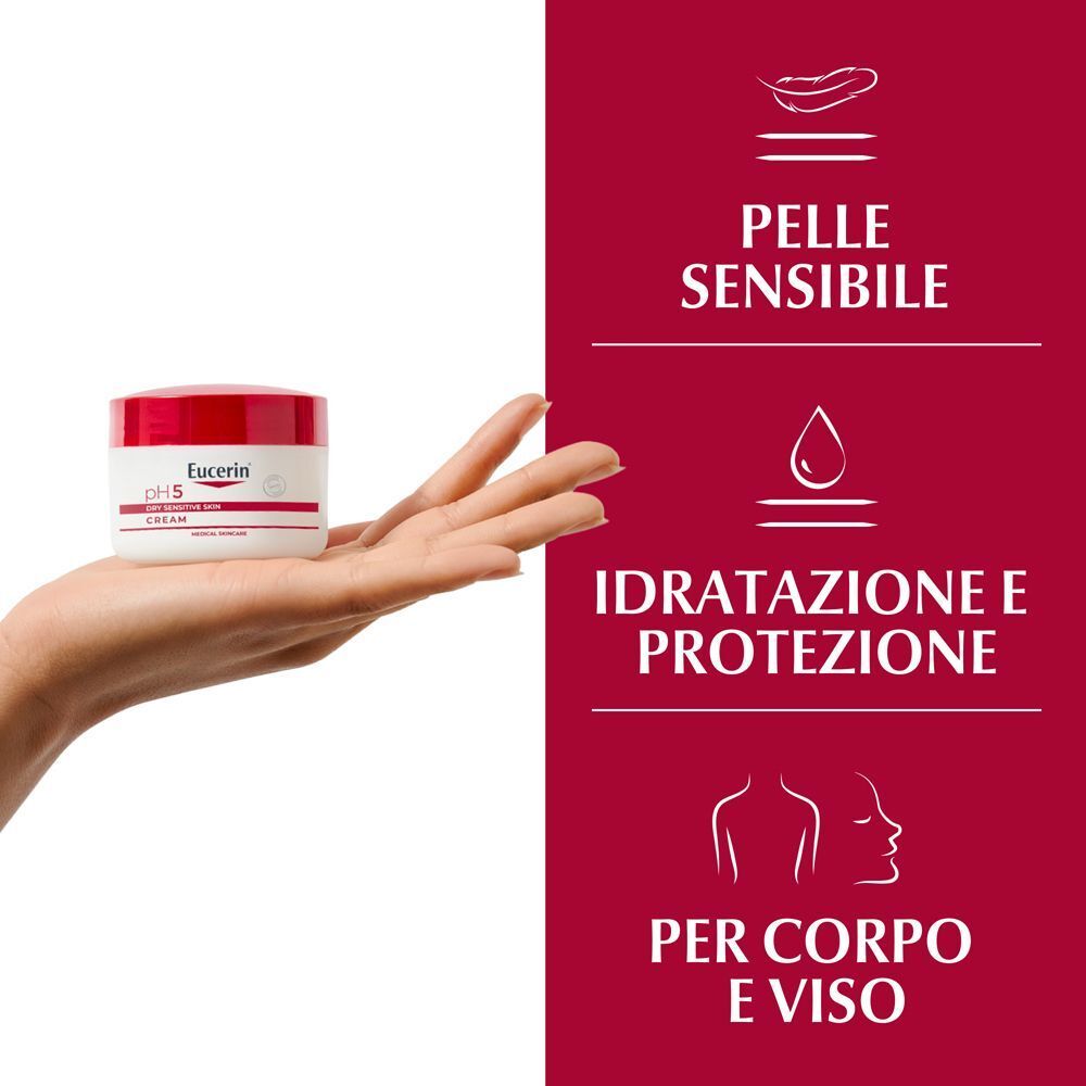 Mano con crema Eucerin pH 5. Per pelli sensibili, idratazione e protezione.
