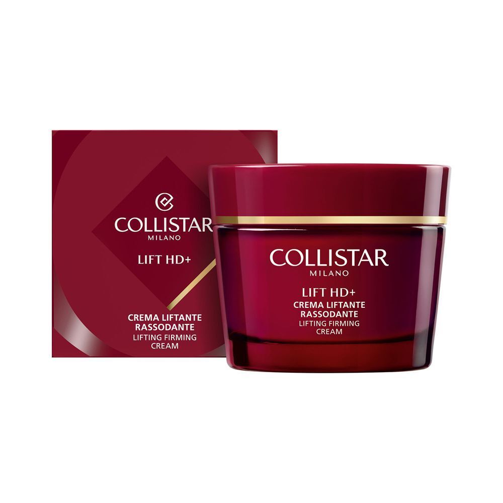 Vasetto di crema Collistar LIFT HD+ e la sua confezione, entrambi rossi con accenti dorati.