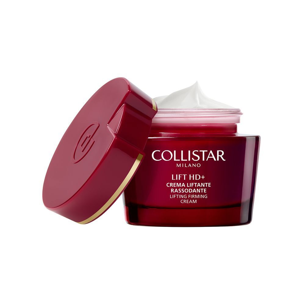 Un vasetto rosso aperto con bordo dorato, Crema Liftante Rassodante Collistar Lift HD+.