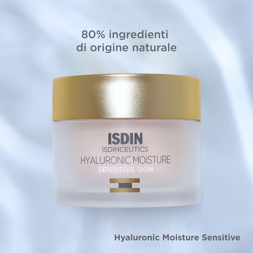 Crema ISDIN Hyaluronic Moisture Sensitive in vasetto, con testo su ingredienti naturali.