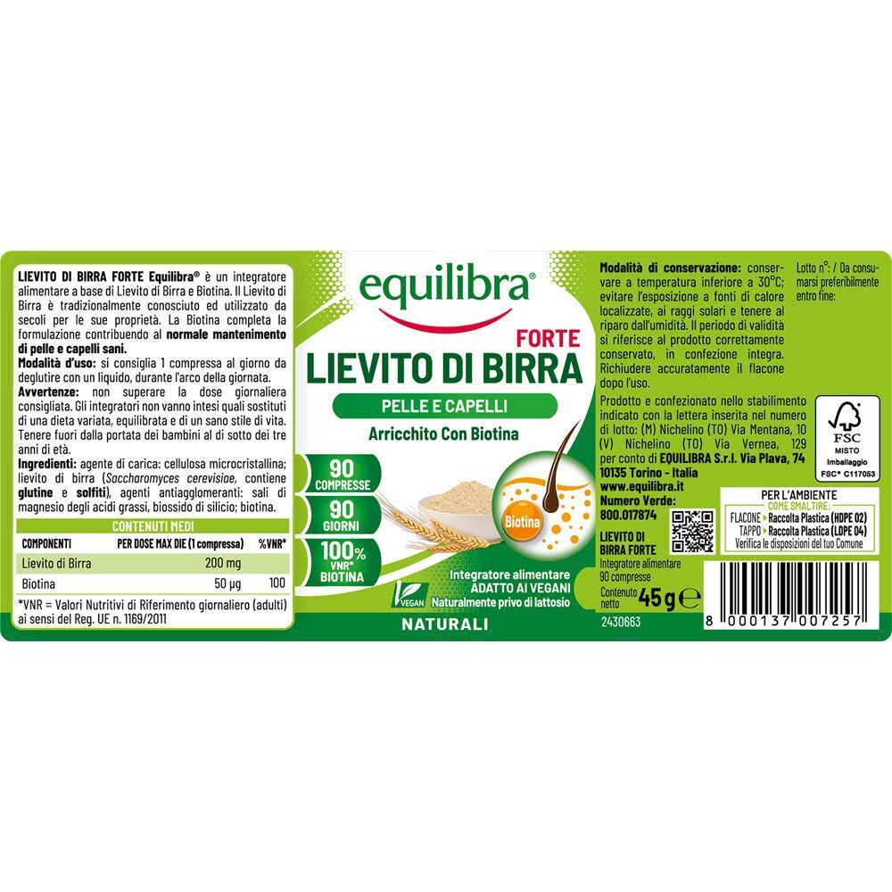 Etichetta su un flacone Equilibra Lievito Birra Forte con informazioni su ingredienti e uso.