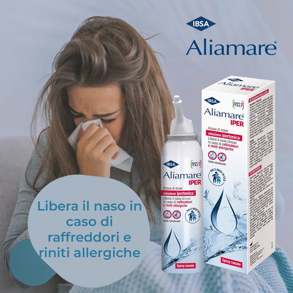 Donna con fazzoletto, accanto allo spray nasale Aliamare IPER e alla sua scatola.