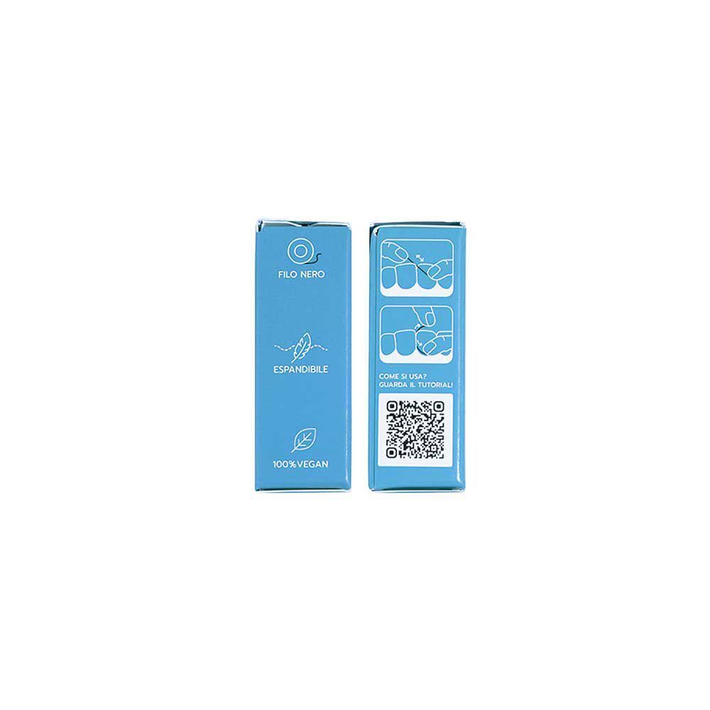 Vista laterale di una confezione di Filo Interdentale Geldis. Mostra istruzioni d'uso e codice QR.