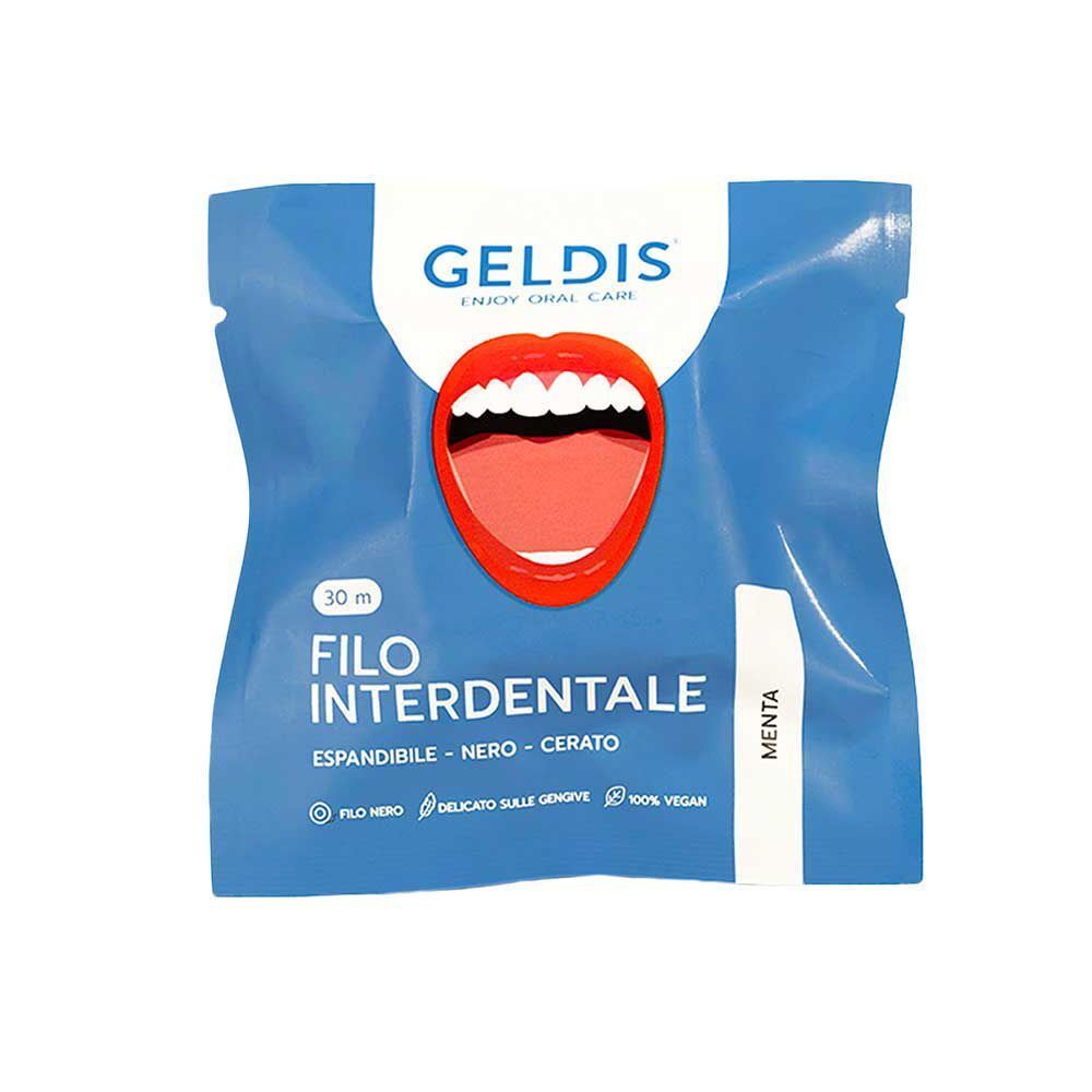 Una singola confezione di filo interdentale al gusto menta, con una bocca aperta e denti.