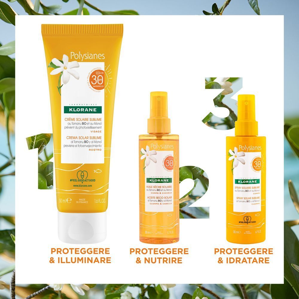 Klorane solari: crema e due oli spray SPF 30.