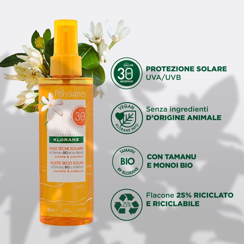 Olio solare Klorane SPF 30 con Tamanu BIO e Monoi, vegano e riciclabile.
