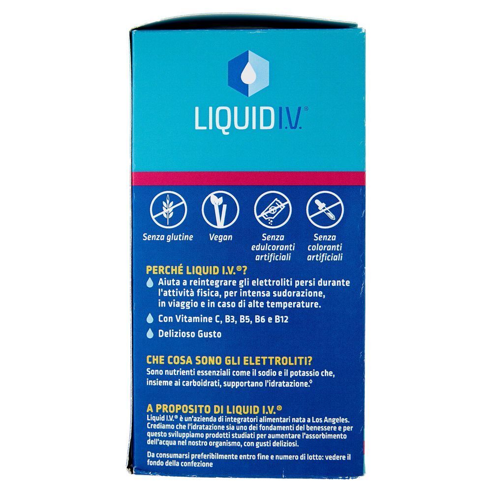 Retro di una confezione Liquid I.V. Hydration Multiplier con indicazioni senza glutine, vegan, senza edulcoranti e coloranti artificiali.