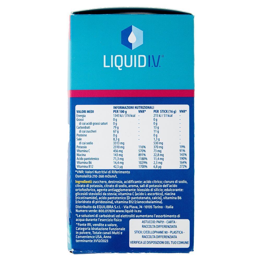 Retro di una confezione Liquid I.V. Hydration Multiplier con informazioni nutrizionali e lista ingredienti.
