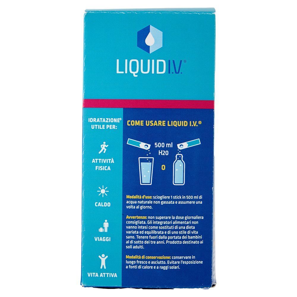 Retro di una confezione Liquid I.V. Hydration Multiplier con istruzioni d'uso e raccomandazioni di conservazione.