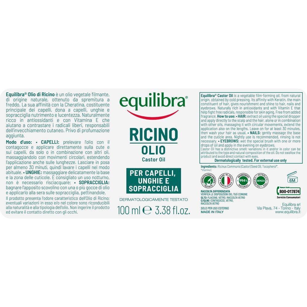 Retro di un flacone di Equilibra Olio di Ricino con informazioni sul prodotto e sigilli.