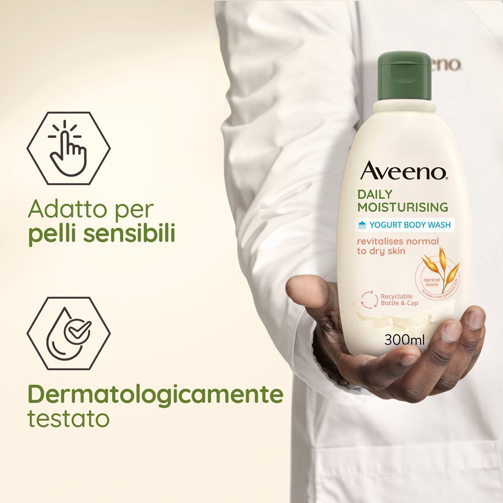 Bagnoschiuma Aveeno allo yogurt, testato dermatologicamente e adatto a pelli sensibili.
