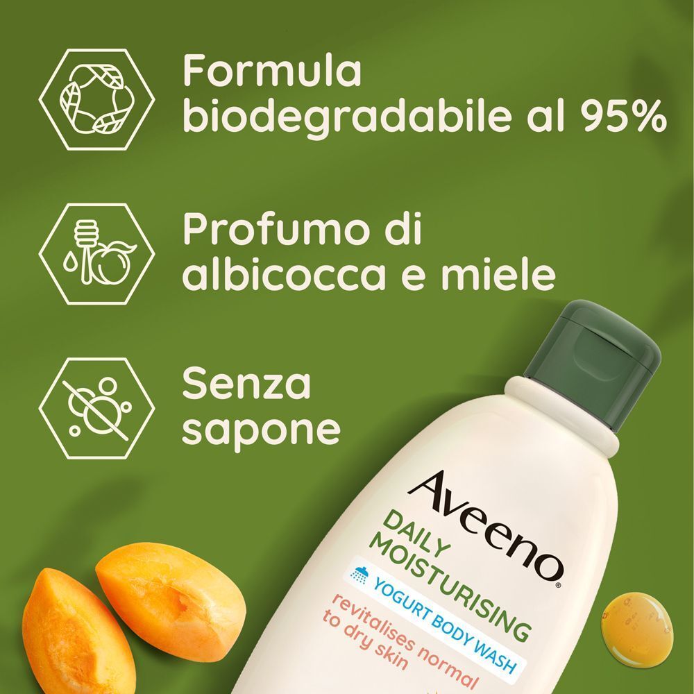 Bagnoschiuma Aveeno allo yogurt: formula biodegradabile al 95%, senza sapone, profumo albicocca e miele.