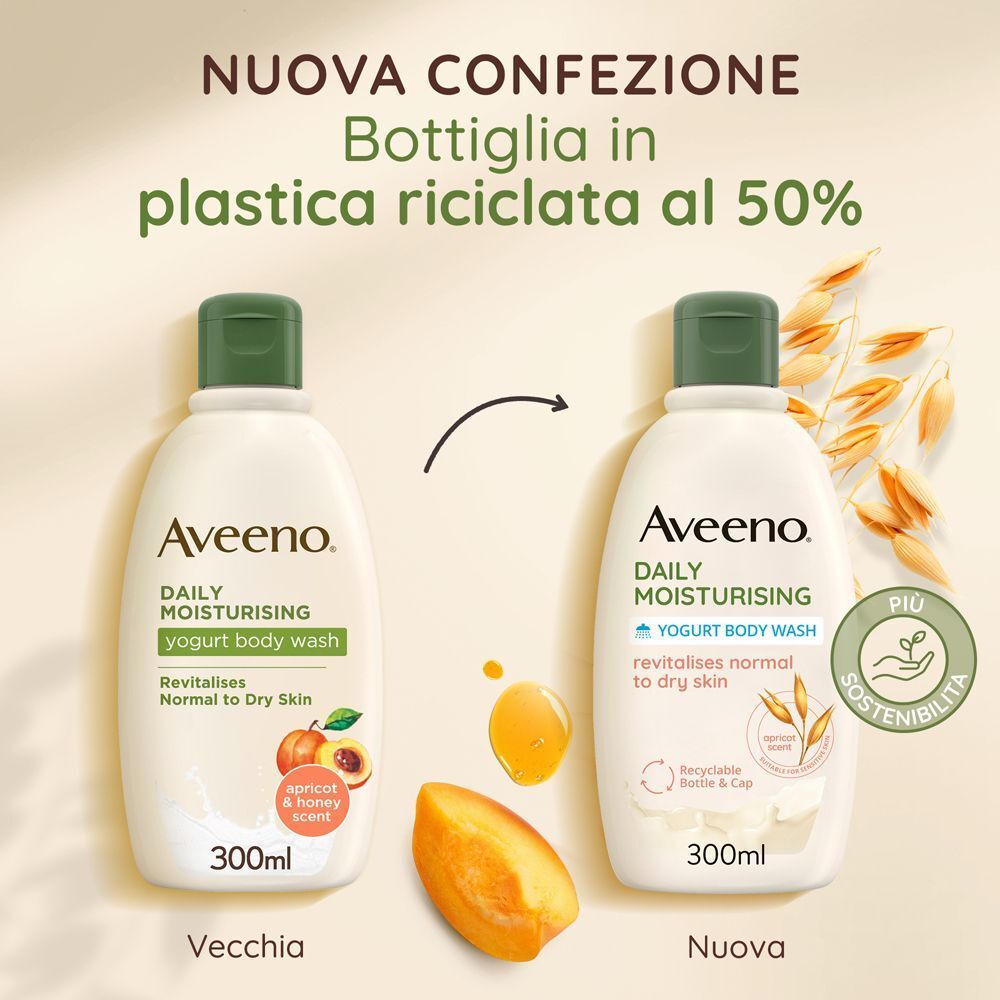 Confronto tra vecchia e nuova confezione Aveeno in plastica riciclata al 50%.