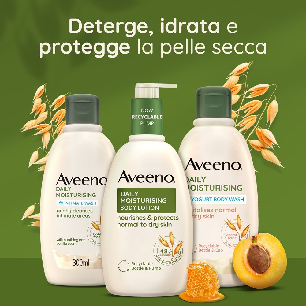Flacone bagnoschiuma Aveeno, lozione corpo e detergente intimo.