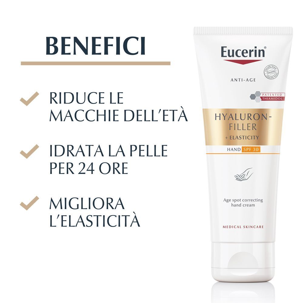 Eucerin Hyaluron-Filler + Elasticity Crema Mani SPF 30 e lista dei benefici.