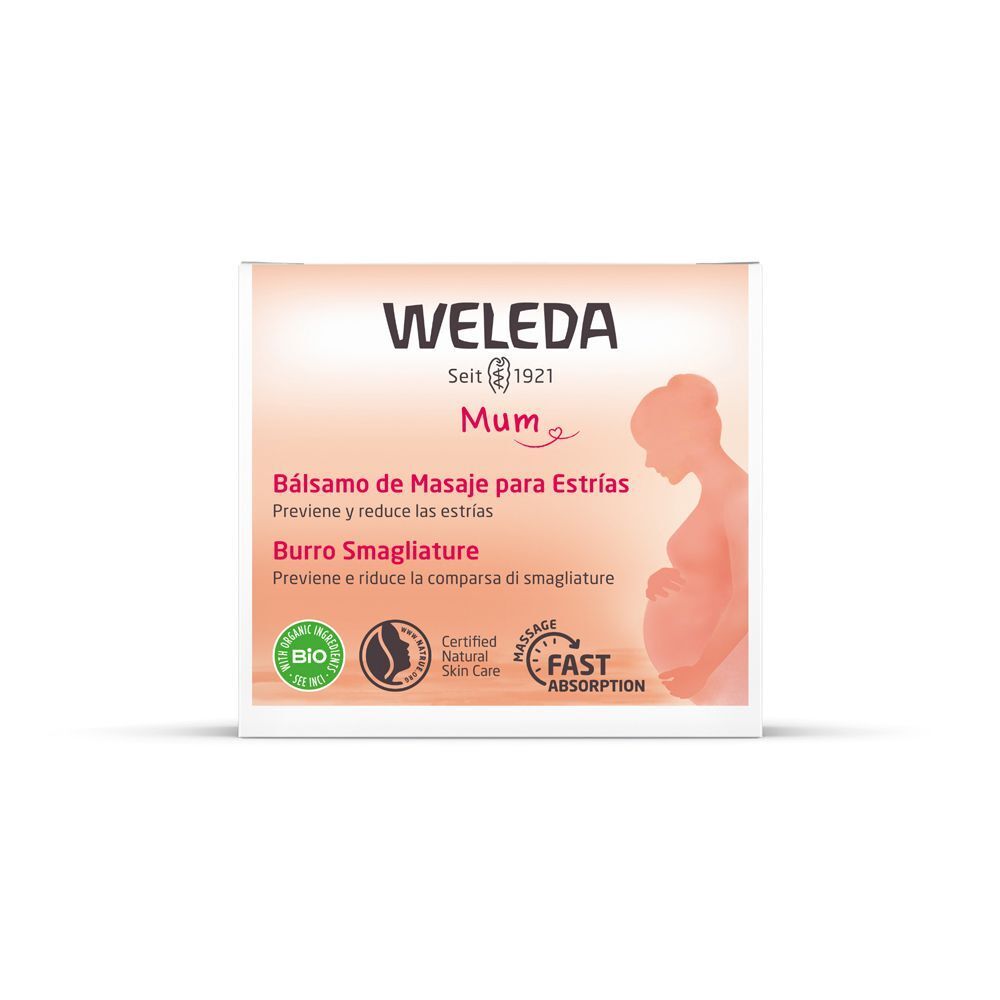 Vasetto Weleda Mum Burro Smagliature. Fascia arancione con informazioni sul prodotto, sigilli e silhouette di donna incinta.