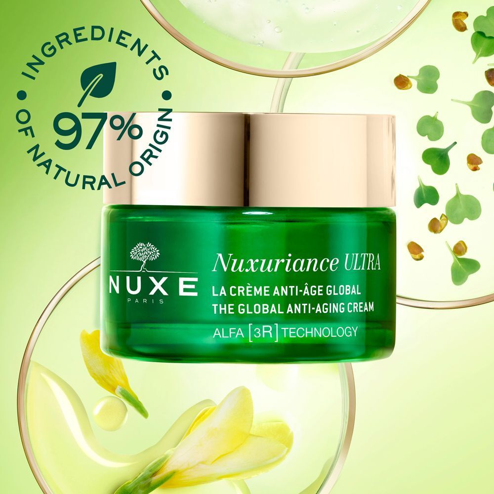 Vasetto Nuxe Nuxuriance Ultra con certificato '97% di ingredienti di origine naturale'.