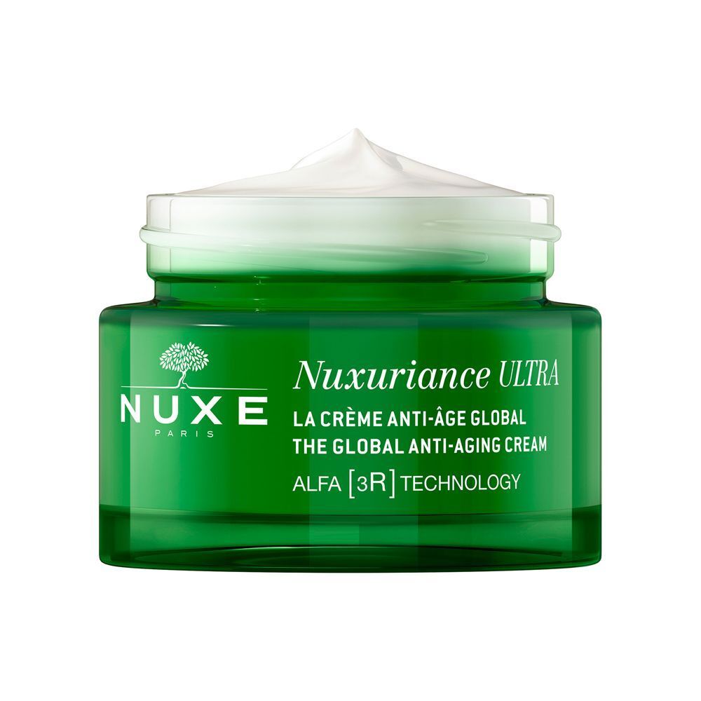 Un barattolo di crema Nuxe Nuxuriance Ultra aperto, coperchio dorato, crema bianca visibile.