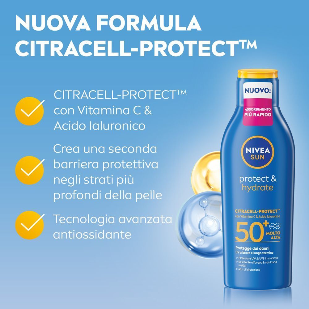 Flacone Nivea Sun Protect & Hydrate SPF50+ con tecnologia Citracell-Protect.