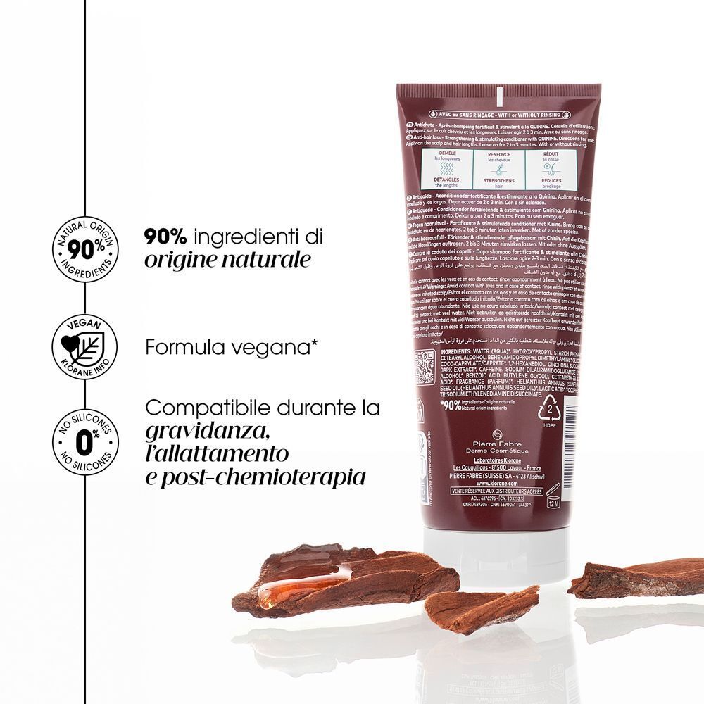 Retro del balsamo Klorane alla Chinina con informazioni su origine naturale e formula vegana.
