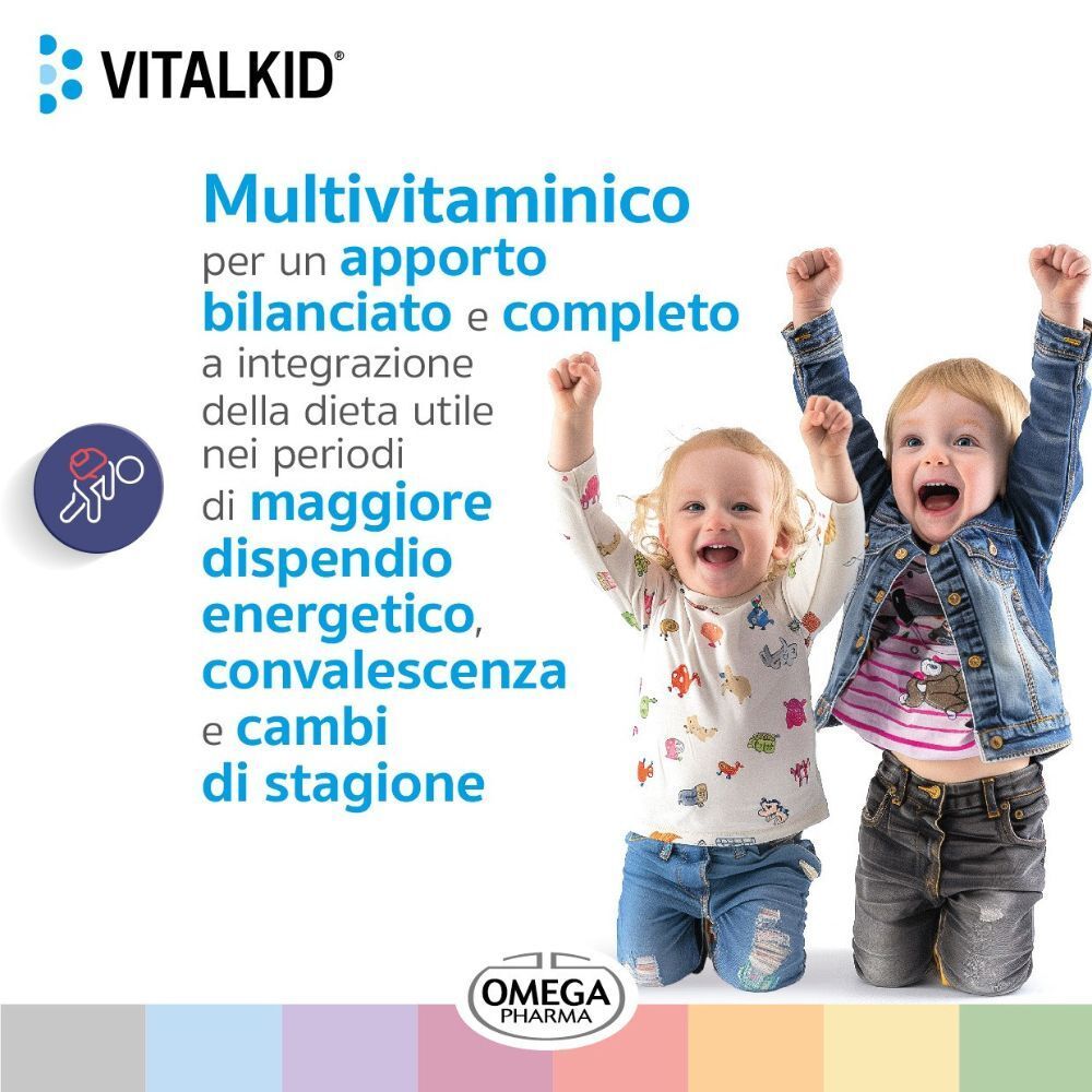 Due bambini sorridenti con le braccia alzate, circondati da testo su VITALKID® Multivitaminico.