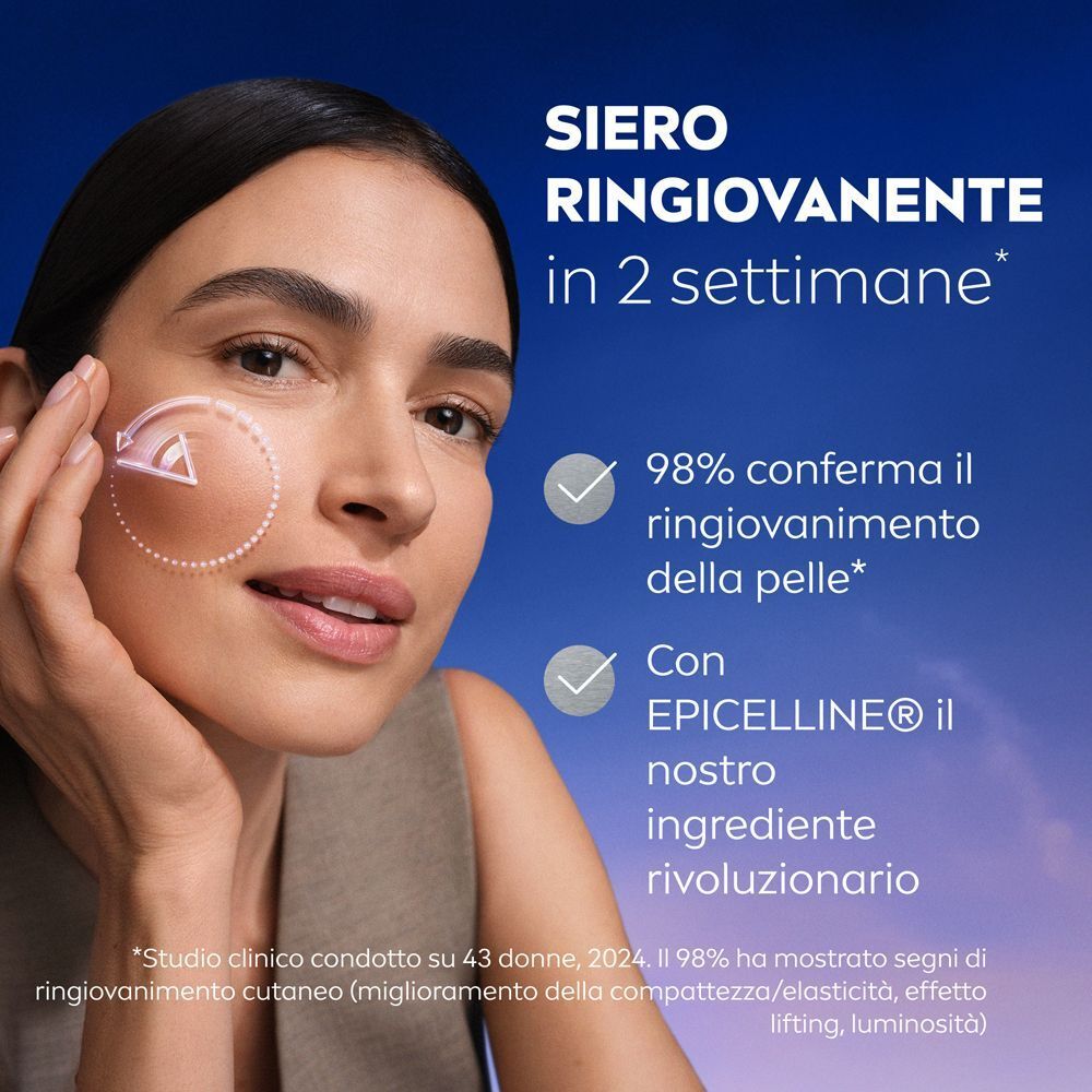 Donna con Nivea Cellular Epigenetics Siero Ringiovanente, che promette una pelle giovane.