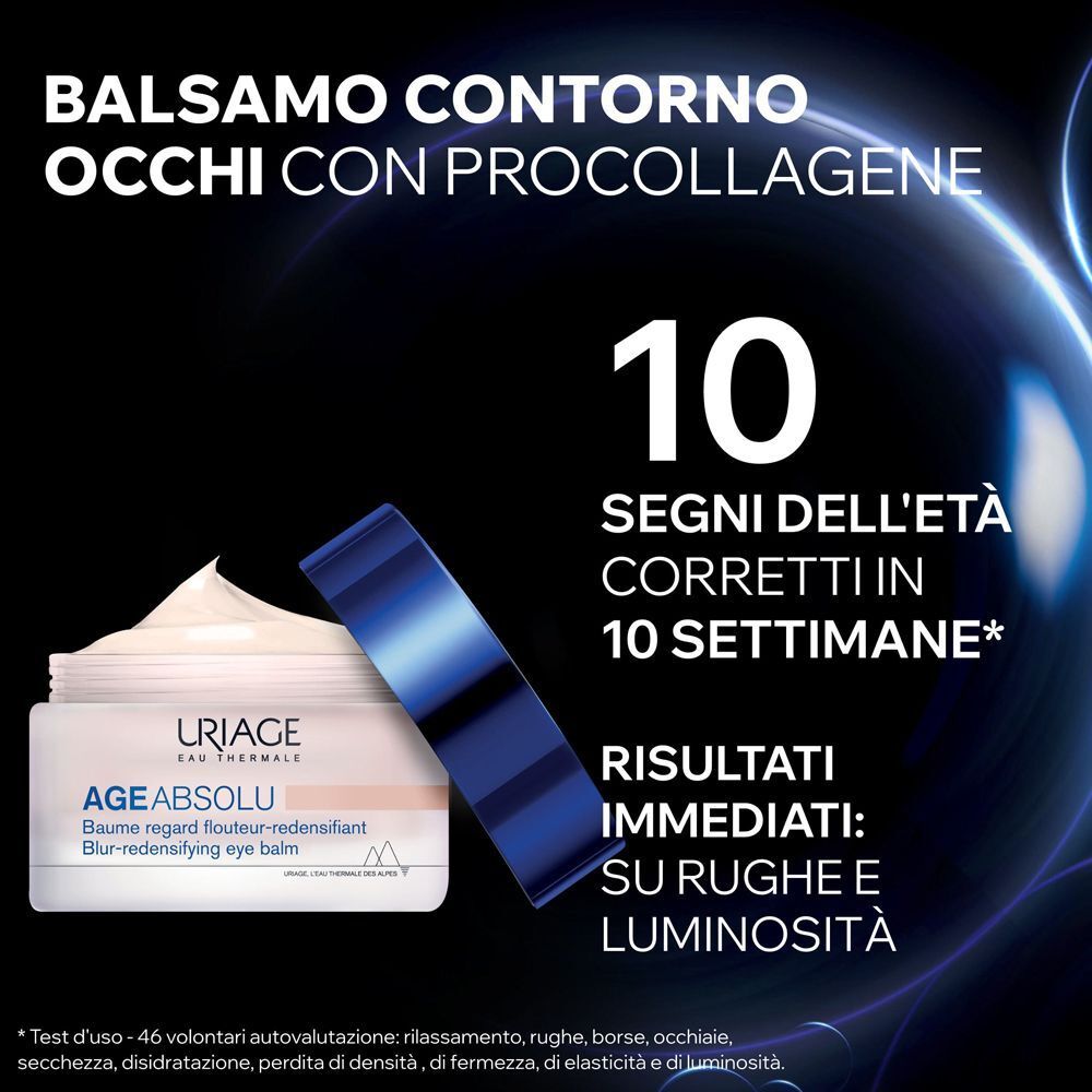 Vasetto di balsamo occhi Uriage Age Absolu e testo sui 10 segni dell'età.