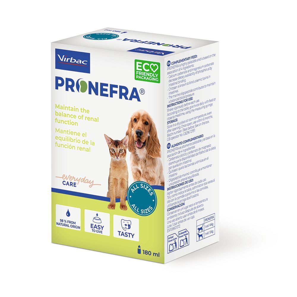 Scatola Virbac Pronefra con immagini di gatto e cane. Supporta la funzione renale.