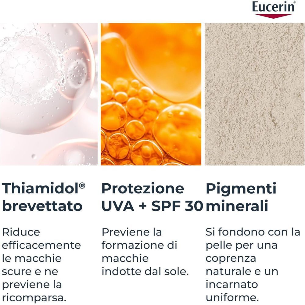 Eucerin Anti-Pigment Crema Giorno SPF 30 Colorata Light: Thiamidol, protezione UVA+SPF 30, pigmenti minerali.