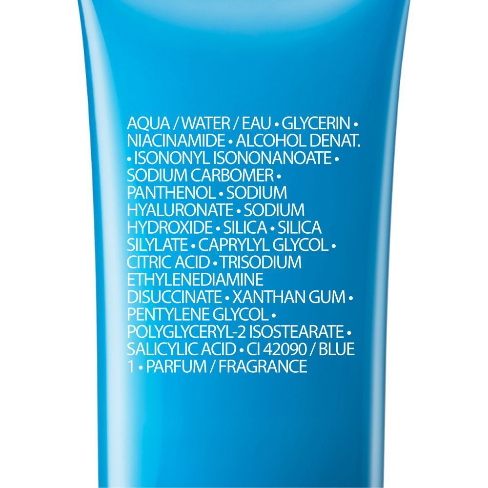 Primo piano dell'elenco ingredienti su un tubo blu La Roche-Posay Hyalu B5.