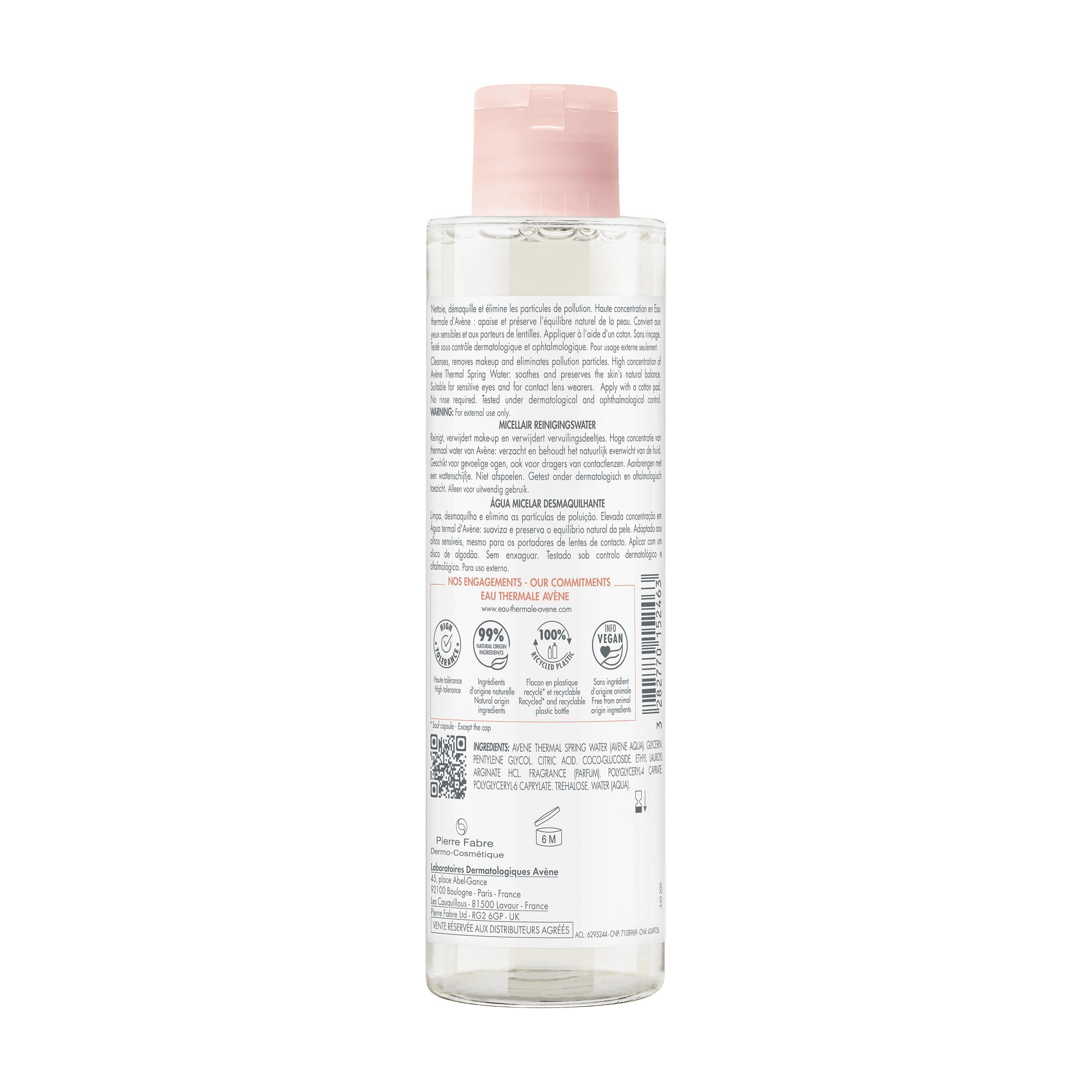 Retro di un flacone di acqua micellare Eau Thermale Avène con ingredienti e sigilli.