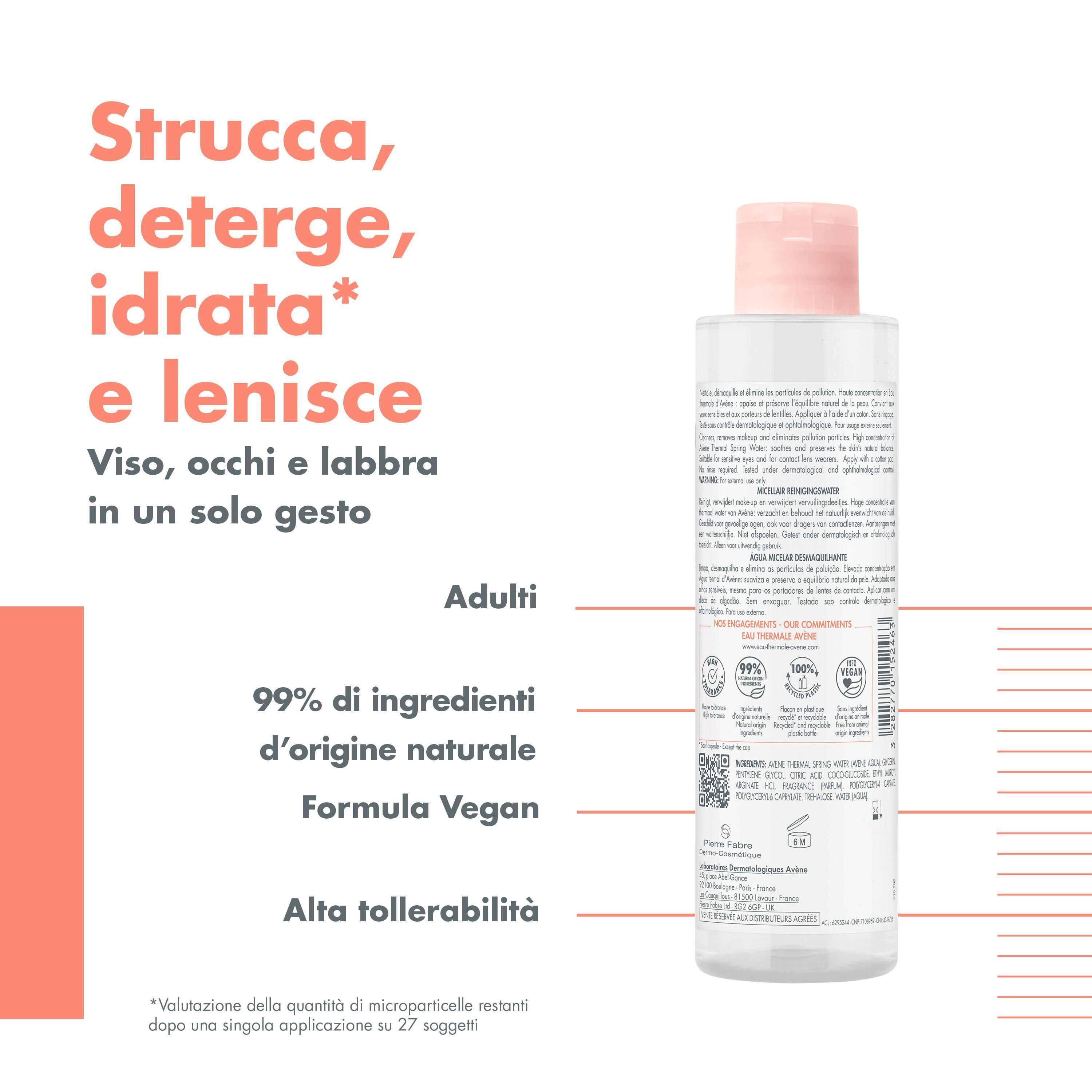 Flacone di acqua micellare Eau Thermale Avène con testo su ingredienti naturali e formula vegan.