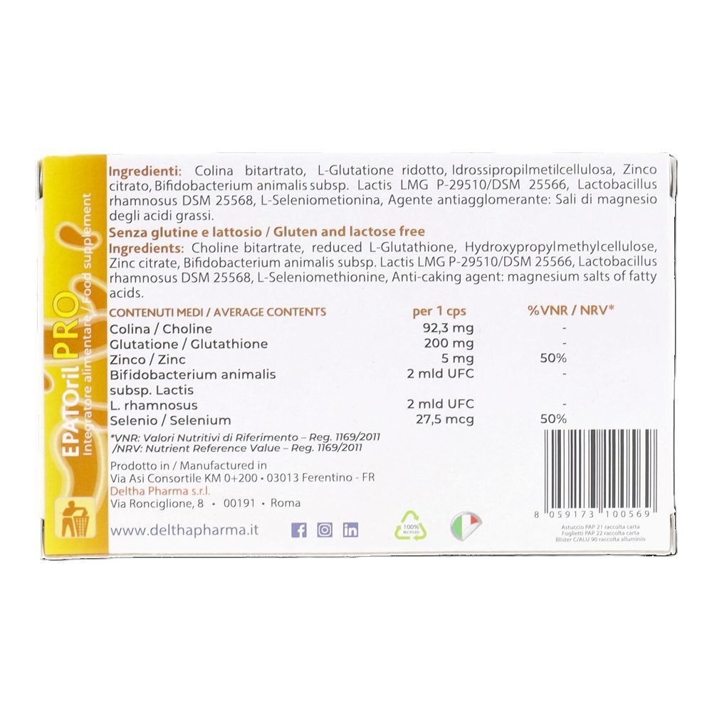 Retro di una confezione di Deltha Pharma EPATORIL PRO Capsule con elenco ingredienti e informazioni nutrizionali.