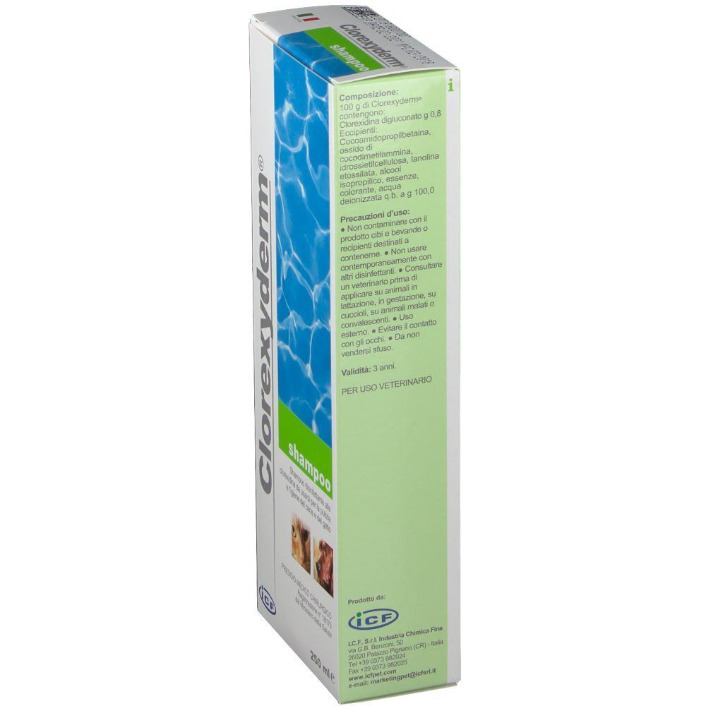 Retro di una confezione di Clorexyderm® Shampoo con ingredienti e istruzioni.