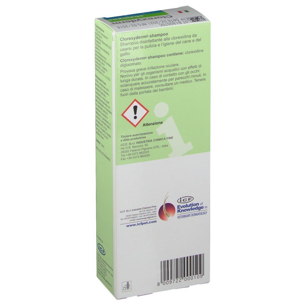 Vista laterale di una confezione di Clorexyderm® Shampoo con simboli di avvertenza e informazioni del produttore.