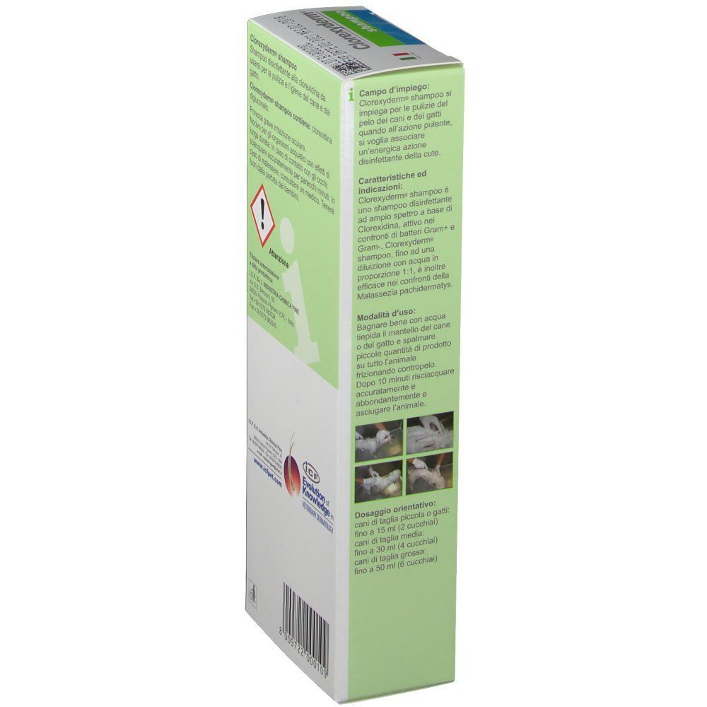 Vista laterale di una confezione di Clorexyderm® Shampoo con istruzioni d'uso e immagini.