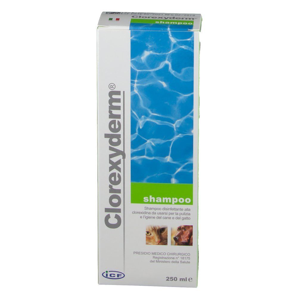 Fronte di una confezione di Clorexyderm® Shampoo con immagini di cani e gatti.