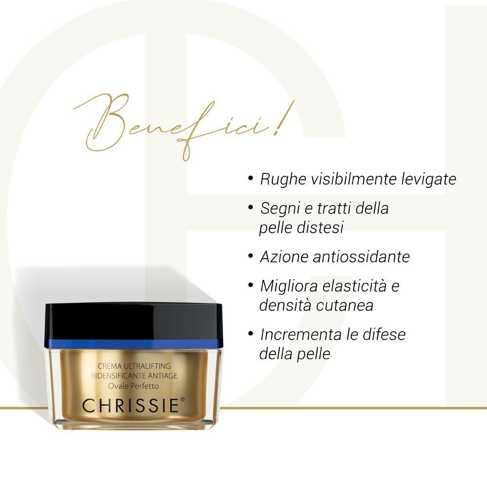 Vasetto dorato con tappo nero e fascia blu, accanto a punti elenco con i benefici del prodotto.