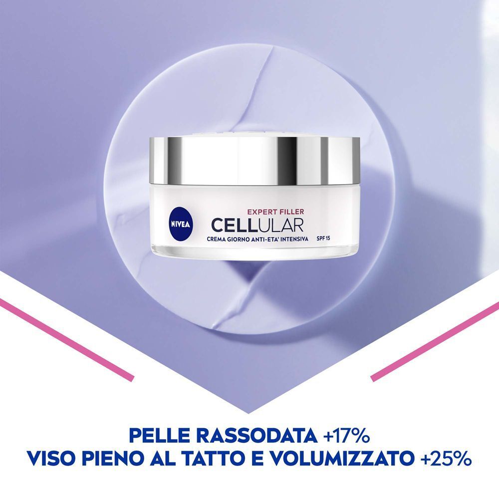 Vasetto Nivea Cellular Expert Filler su un cerchio viola. Pelle rassodata +17%, viso volumizzato +25%.