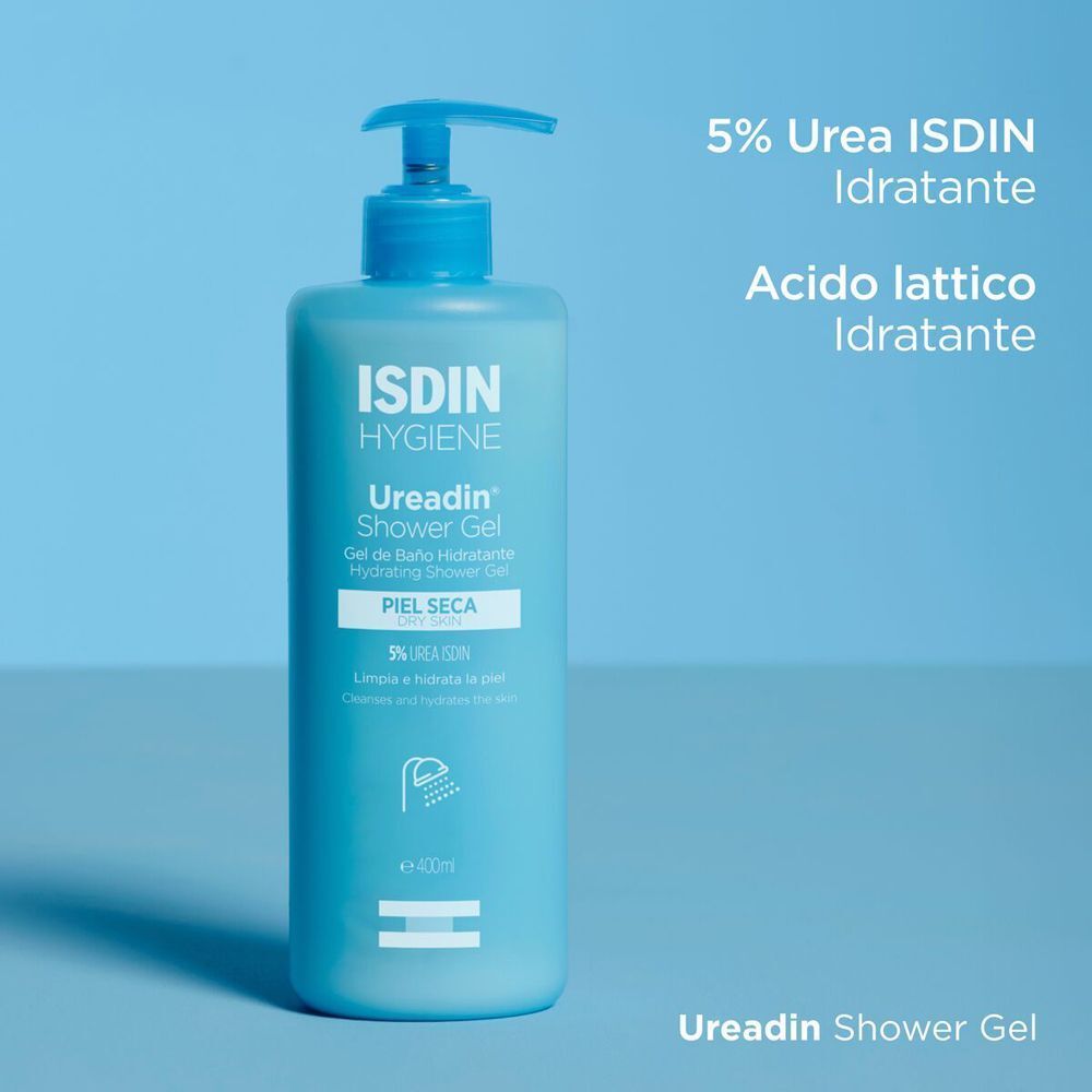 Flacone di ISDIN Ureadin Shower Gel con testo su 5% Urea ISDIN e acido lattico.
