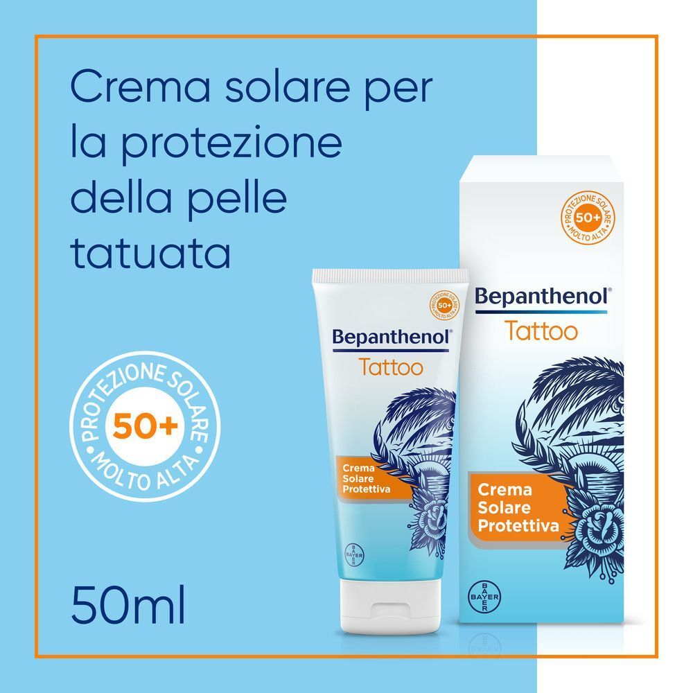 Crema solare Bepanthenol Tattoo SPF 50+ tubo e confezione.