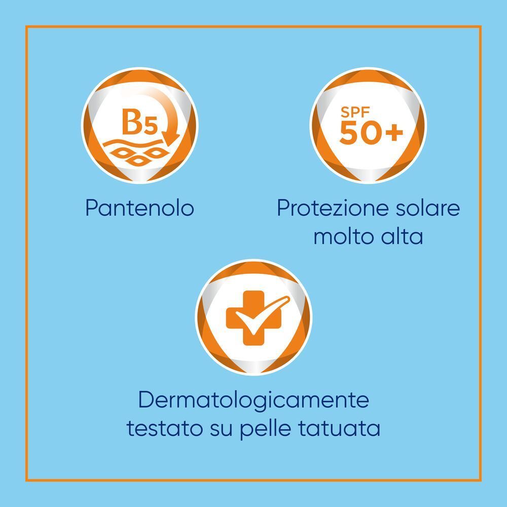Crema solare Bepanthenol Tattoo: Pantenolo, alta protezione solare, testata dermatologicamente.