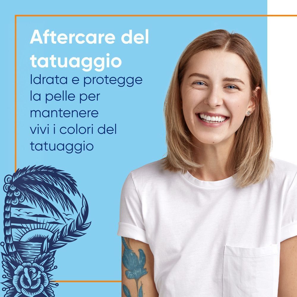 Donna con braccio tatuato e crema solare Bepanthenol Tattoo.