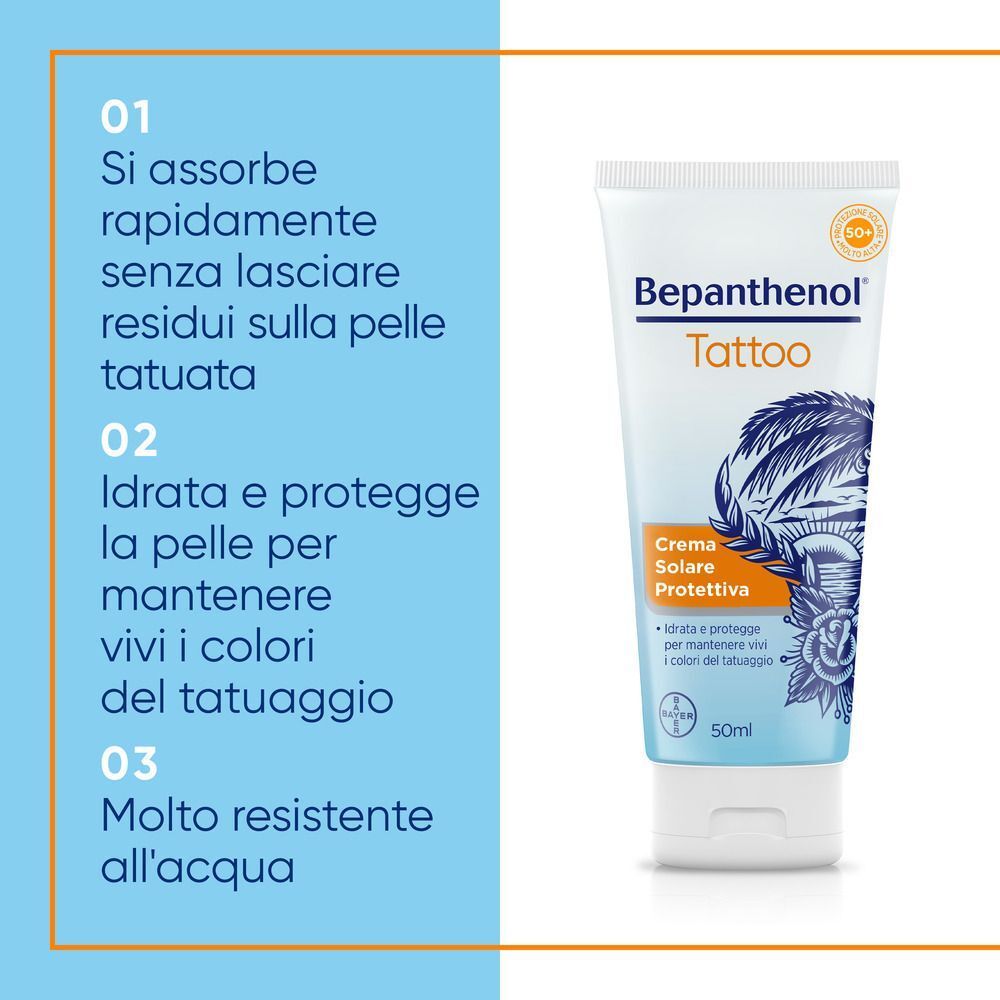 Crema solare Bepanthenol Tattoo: si assorbe rapidamente, idrata, resistente all'acqua.